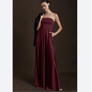 BHLDN Anthropologie Elsie Straight Neck Satin A-Line Gown Burgundy Berry